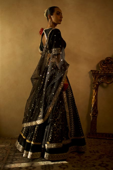 Libas Cafe by Nidhi & Ashish Black Silk, Taffeta, Net Zari, Embroidery, Multi-pattern Banarasi Lehenga Set Online at Aza Fashions Libas Cafe by Nidhi & Ashish_Black Silk, Taffeta, Net Zari, Embroidery, Multi-pattern Banarasi Lehenga Set _Online_at_Aza_Fashions