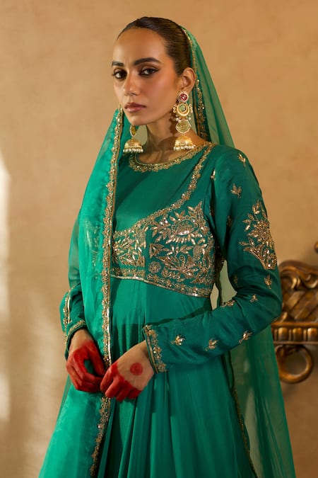 Libas Cafe by Nidhi & Ashish Green Crepe, Organza Embroidery, Machine Full Sleeve Anarkali And Dupatta Set Online at Aza Fashions Libas Cafe by Nidhi & Ashish_Green Crepe, Organza Embroidery, Machine Full Sleeve Anarkali And Dupatta Set _Online_at_Aza_Fashions