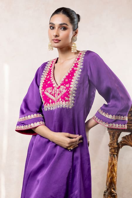 Buy_Libas Cafe by Nidhi & Ashish_Purple Organza, Satin Embroidery, Zari V-neck Choga Kurta And Salwar Set _Online_at_Aza_Fashions