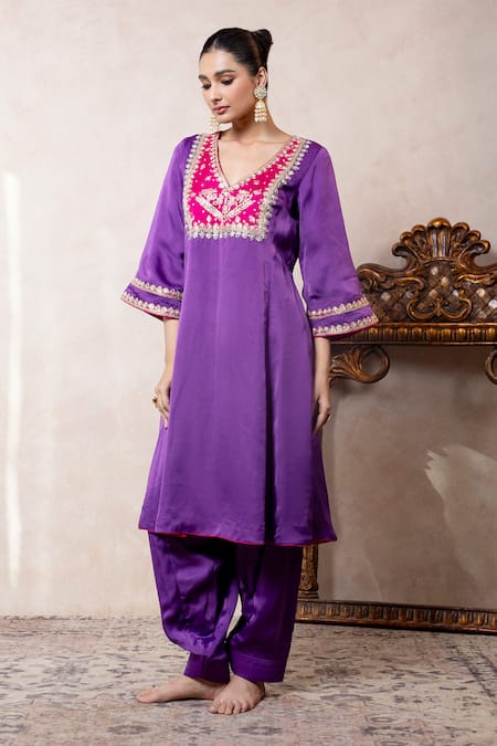 Shop_Libas Cafe by Nidhi & Ashish_Purple Organza, Satin Embroidery, Zari V-neck Choga Kurta And Salwar Set _at_Aza_Fashions