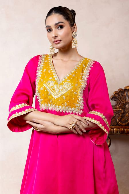 Buy Libas Cafe by Nidhi & Ashish Pink Organza, Satin Embroidery, Zari V-neck Machine Choga Kurta And Salwar Set Online at Aza Fashions Buy_Libas Cafe by Nidhi & Ashish_Pink Organza, Satin Embroidery, Zari V-neck Machine Choga Kurta And Salwar Set _Online_at_Aza_Fashions