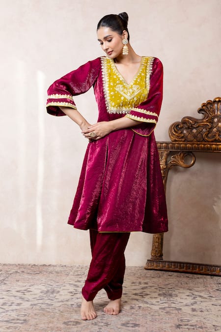 Shop Libas Cafe by Nidhi & Ashish Wine Satin, Organza Embroidery V-neck Choga Kurta And Salwar Set at Aza Fashions Shop_Libas Cafe by Nidhi & Ashish_Wine Satin, Organza Embroidery V-neck Choga Kurta And Salwar Set _at_Aza_Fashions