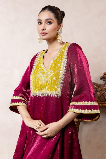 Libas Cafe by Nidhi & Ashish Wine Satin, Organza Embroidery V-neck Choga Kurta And Salwar Set Online at Aza Fashions Libas Cafe by Nidhi & Ashish_Wine Satin, Organza Embroidery V-neck Choga Kurta And Salwar Set _Online_at_Aza_Fashions