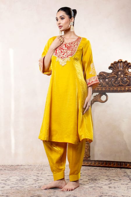 Shop Libas Cafe by Nidhi & Ashish Yellow Satin, Organza Embroidery, Metallic Thread Scoop Choga Kurta And Salwar Set at Aza Fashions Shop_Libas Cafe by Nidhi & Ashish_Yellow Satin, Organza Embroidery, Metallic Thread Scoop Choga Kurta And Salwar Set _at_Aza_Fashions