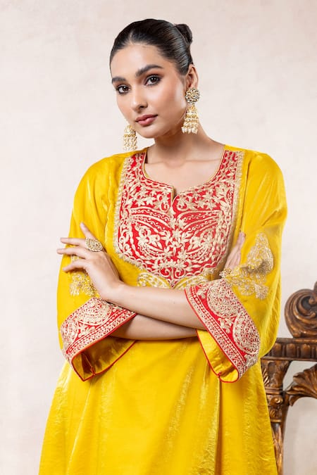 Libas Cafe by Nidhi & Ashish Yellow Satin, Organza Embroidery, Metallic Thread Scoop Choga Kurta And Salwar Set Online at Aza Fashions Libas Cafe by Nidhi & Ashish_Yellow Satin, Organza Embroidery, Metallic Thread Scoop Choga Kurta And Salwar Set _Online_at_Aza_Fashions