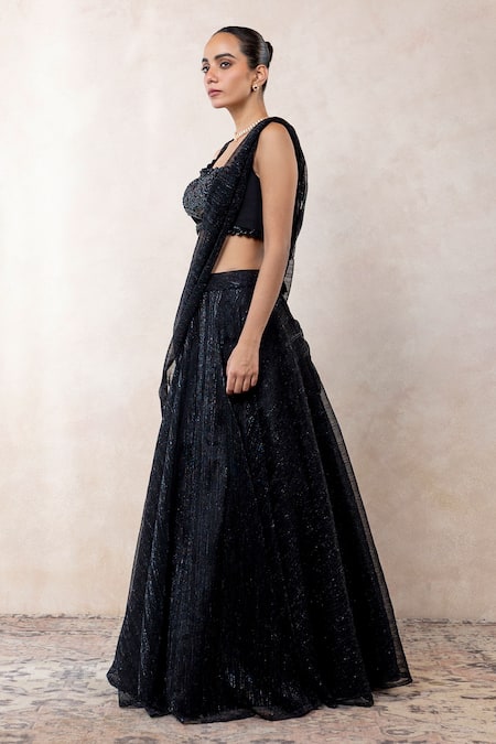 Libas Cafe by Nidhi & Ashish_Black Crepe, Mesh, Lycra Embroidery, Beads, Hand Draped Lehenga And Blouse Set _Online_at_Aza_Fashions