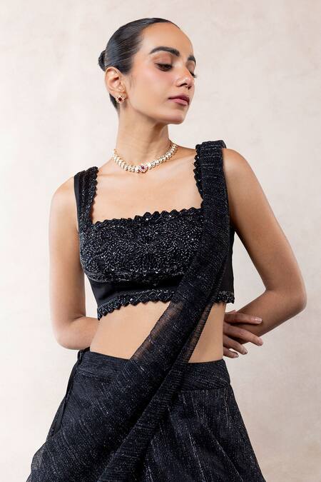 Buy_Libas Cafe by Nidhi & Ashish_Black Crepe, Mesh, Lycra Embroidery, Beads, Hand Draped Lehenga And Blouse Set _Online_at_Aza_Fashions