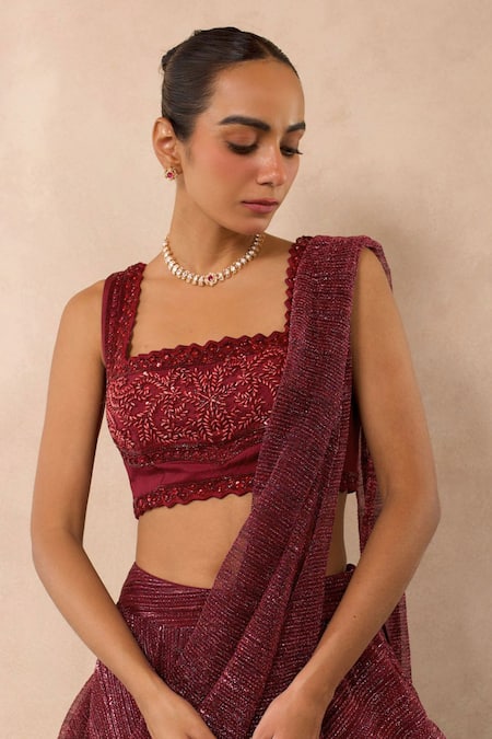 Libas Cafe by Nidhi & Ashish Maroon Mesh, Lycra, Crepe Embroidery, Sequins, Zari Hand Draped Lehenga Set Online at Aza Fashions Libas Cafe by Nidhi & Ashish_Maroon Mesh, Lycra, Crepe Embroidery, Sequins, Zari Hand Draped Lehenga Set _Online_at_Aza_Fashions