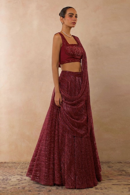 Buy Libas Cafe by Nidhi & Ashish Maroon Mesh, Lycra, Crepe Embroidery, Sequins, Zari Hand Draped Lehenga Set Online at Aza Fashions Buy_Libas Cafe by Nidhi & Ashish_Maroon Mesh, Lycra, Crepe Embroidery, Sequins, Zari Hand Draped Lehenga Set _Online_at_Aza_Fashions