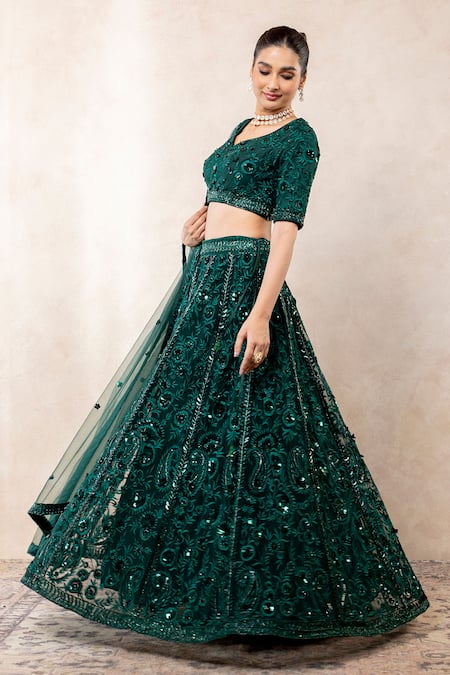 Buy_Libas Cafe by Nidhi & Ashish_Green Net Embroidery, Sequins V-neck Flower Hand Lehenga Set _Online_at_Aza_Fashions