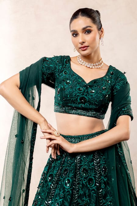 Shop_Libas Cafe by Nidhi & Ashish_Green Net Embroidery, Sequins V-neck Flower Hand Lehenga Set _Online_at_Aza_Fashions