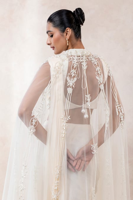 Libas Cafe by Nidhi & Ashish Hand Embroidered Pearl Work Cape Saree Set 