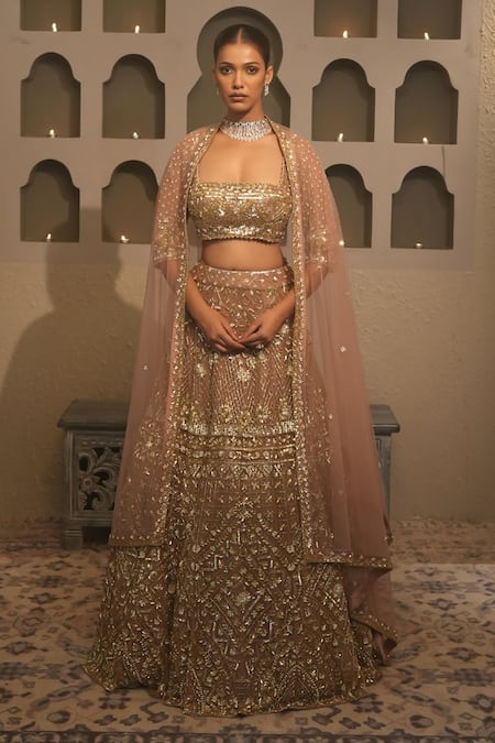 Libas Cafe by Nidhi & Ashish Peach Net Zari, Sequins, Embroidery Square Neck Hand Lehenga Set 