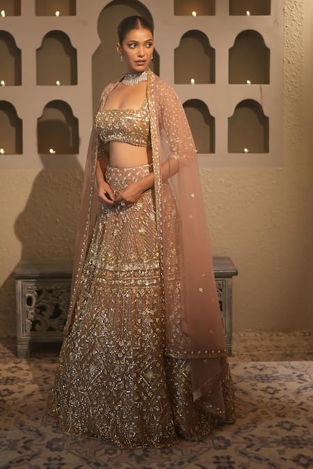 Shop_Libas Cafe by Nidhi & Ashish_Peach Net Zari, Sequins, Embroidery Square Neck Hand Lehenga Set _Online_at_Aza_Fashions