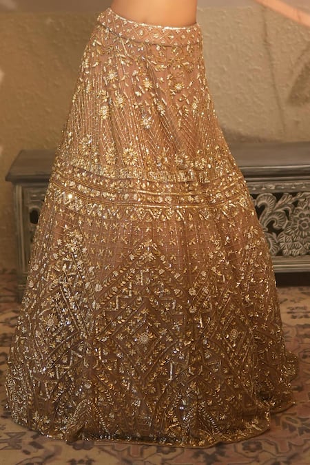 Libas Cafe by Nidhi & Ashish_Peach Net Zari, Sequins, Embroidery Square Neck Hand Lehenga Set _at_Aza_Fashions