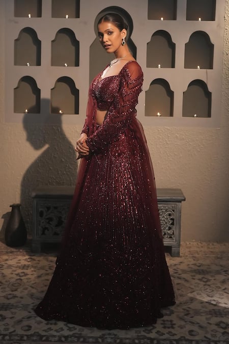 Buy_Libas Cafe by Nidhi & Ashish_Maroon Net Sequins, Embroidery Sweetheart Neck Hand Embellished Lehenga Set _Online_at_Aza_Fashions