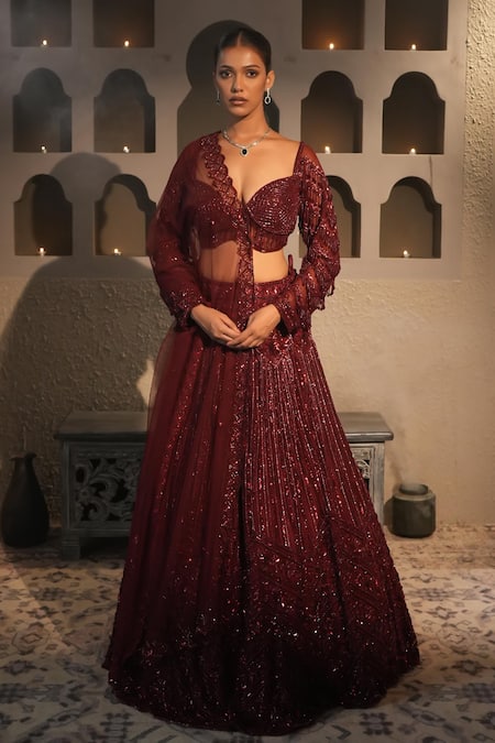 Libas Cafe by Nidhi & Ashish Maroon Net Sequins, Embroidery Sweetheart Neck Hand Embellished Lehenga Set 