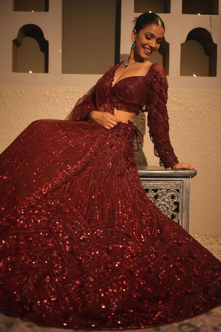Buy_Libas Cafe by Nidhi & Ashish_Maroon Net Sequins, Embroidery Sweetheart Neck Hand Embellished Lehenga Set 