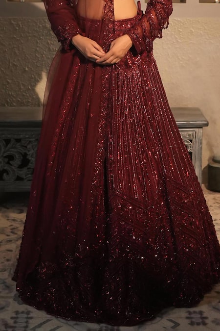 Shop_Libas Cafe by Nidhi & Ashish_Maroon Net Sequins, Embroidery Sweetheart Neck Hand Embellished Lehenga Set 