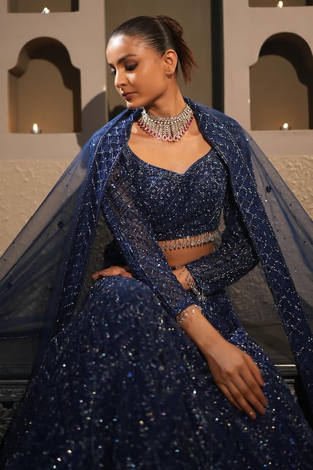 Buy_Libas Cafe by Nidhi & Ashish_Navy Net Embroidery, Sequins, Stones V-neck Hand Lehenga Set _Online_at_Aza_Fashions