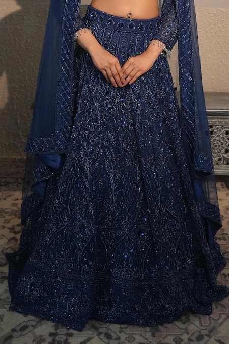Shop_Libas Cafe by Nidhi & Ashish_Navy Net Embroidery, Sequins, Stones V-neck Hand Lehenga Set _Online_at_Aza_Fashions