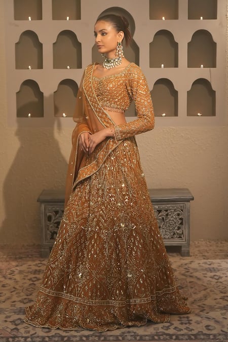 Shop_Libas Cafe by Nidhi & Ashish_Gold Net Embroidery, Sequins, Zari Scoop Neck Hand Lehenga Set _at_Aza_Fashions