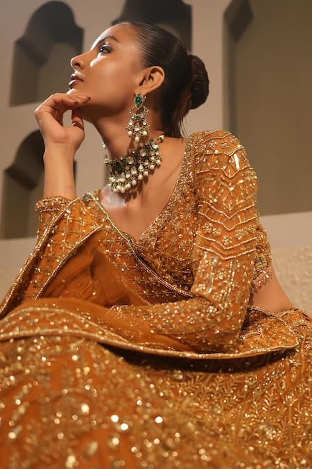 Libas Cafe by Nidhi & Ashish_Gold Net Embroidery, Sequins, Zari Scoop Neck Hand Lehenga Set _Online_at_Aza_Fashions