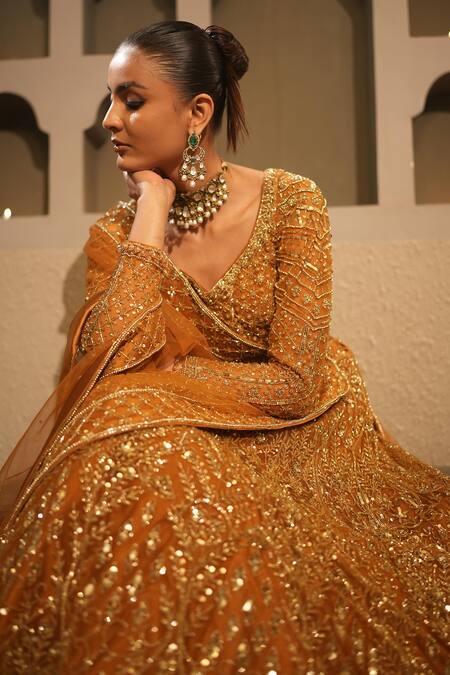 Buy_Libas Cafe by Nidhi & Ashish_Gold Net Embroidery, Sequins, Zari Scoop Neck Hand Lehenga Set _Online_at_Aza_Fashions