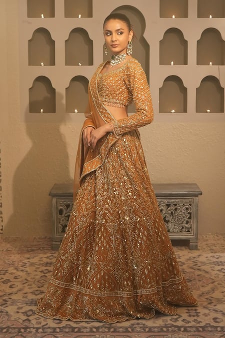 Shop_Libas Cafe by Nidhi & Ashish_Gold Net Embroidery, Sequins, Zari Scoop Neck Hand Lehenga Set _Online_at_Aza_Fashions