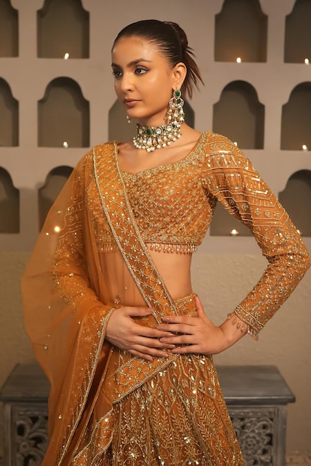 Libas Cafe by Nidhi & Ashish_Gold Net Embroidery, Sequins, Zari Scoop Neck Hand Lehenga Set _at_Aza_Fashions