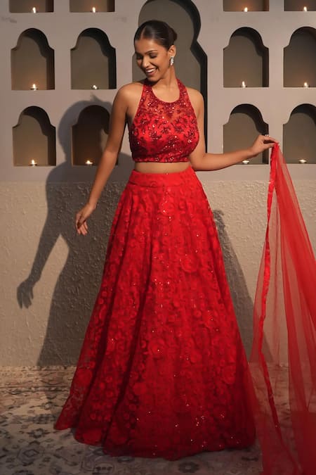 Libas Cafe by Nidhi & Ashish Red Net Embroidery, Sequins Halter Neck Tonal Hand Lehenga Set 