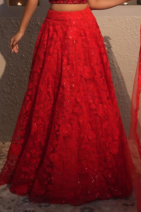 Libas Cafe by Nidhi & Ashish_Red Net Embroidery, Sequins Halter Neck Tonal Hand Lehenga Set _Online_at_Aza_Fashions