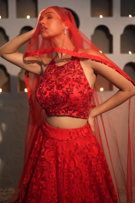 Buy_Libas Cafe by Nidhi & Ashish_Red Net Embroidery, Sequins Halter Neck Tonal Hand Lehenga Set _Online_at_Aza_Fashions