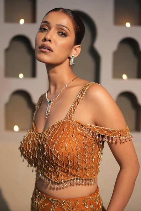 Libas Cafe by Nidhi & Ashish_Gold Net Embroidery, Beads, Sequins, Metallic Fish Cut Lehenga And Blouse Set _Online_at_Aza_Fashions