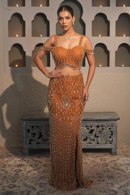 Libas Cafe by Nidhi & Ashish Gold Net Embroidery, Beads, Sequins, Metallic Fish Cut Lehenga And Blouse Set 