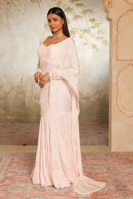 Libas Cafe by Nidhi & Ashish_Peach Crepe Embroidery, Sequins, Beads Sweetheart Hand Pre-draped Saree Set _Online_at_Aza_Fashions