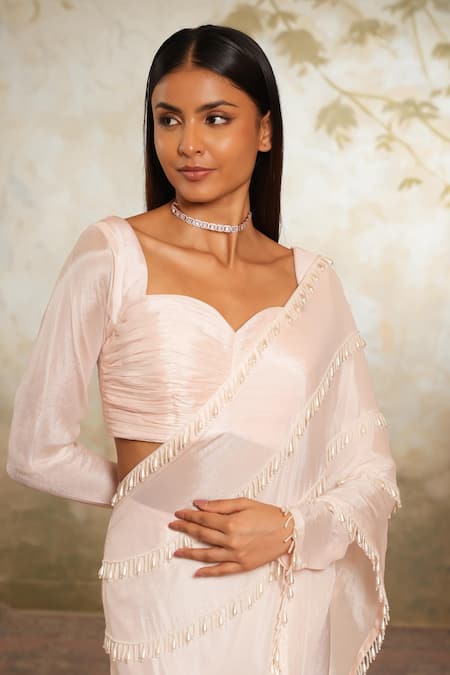 Buy_Libas Cafe by Nidhi & Ashish_Peach Crepe Embroidery, Sequins, Beads Sweetheart Hand Pre-draped Saree Set _Online_at_Aza_Fashions