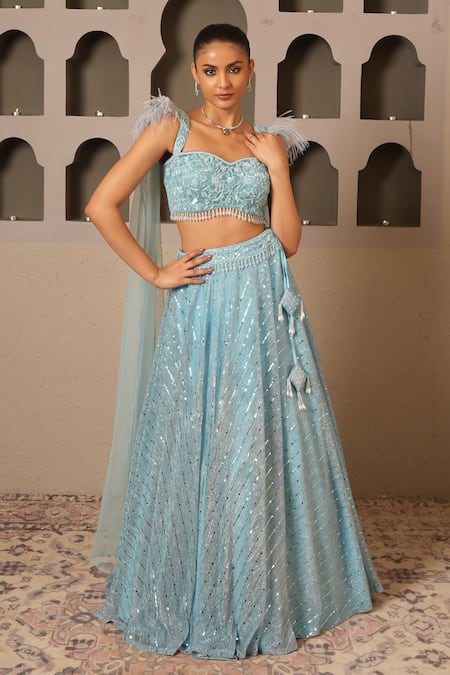 Libas Cafe by Nidhi & Ashish Aqua Net, Lycra Sequins, Embroidery, Beads, Feathers Draped Blouse And Lehenga Set 