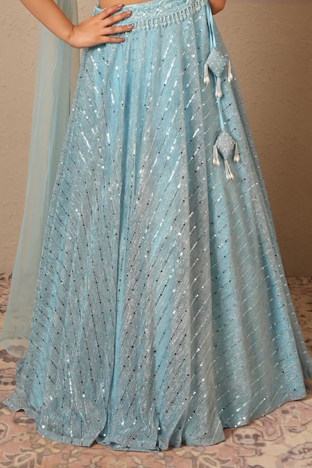 Buy_Libas Cafe by Nidhi & Ashish_Aqua Net, Lycra Sequins, Embroidery, Beads, Feathers Draped Blouse And Lehenga Set _Online_at_Aza_Fashions