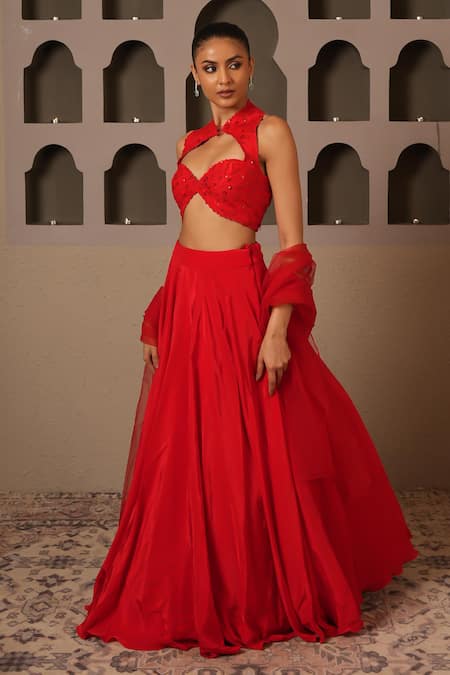 Shop_Libas Cafe by Nidhi & Ashish_Red Crepe, Net Embroidery, Cut Work Halter Neck Blouse And Solid Lehenga Set _at_Aza_Fashions