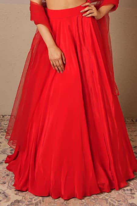 Buy_Libas Cafe by Nidhi & Ashish_Red Crepe, Net Embroidery, Cut Work Halter Neck Blouse And Solid Lehenga Set _Online_at_Aza_Fashions