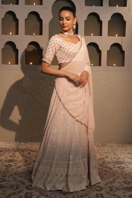 Buy_Libas Cafe by Nidhi & Ashish_Peach Georgette Embroidery, Sequins, Stones V-neck Lucknowi Floral Lehenga Set _Online_at_Aza_Fashions