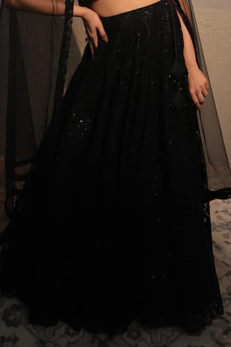 Libas Cafe by Nidhi & Ashish_Black Net Embroidery, Sequins Halter Neck Floral Hand Lehenga Set _Online_at_Aza_Fashions
