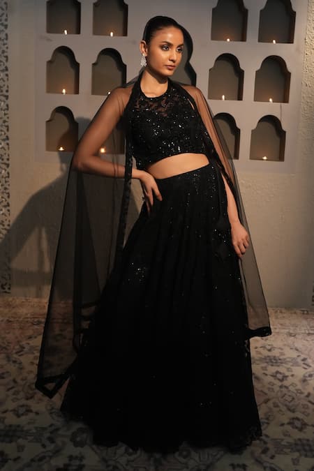 Libas Cafe by Nidhi & Ashish Black Net Embroidery, Sequins Halter Neck Floral Hand Lehenga Set 