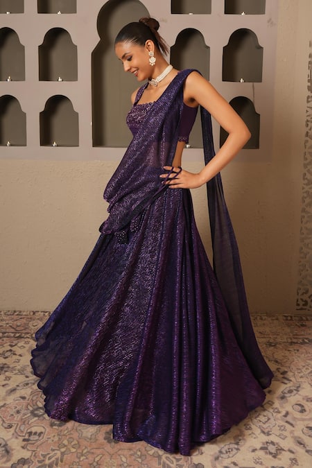 Libas Cafe by Nidhi & Ashish Purple Lycra, Crepe Metallic Thread, Embroidery, Zari Shimmer Hand Lehenga Set 