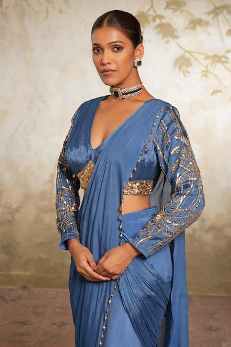 Libas Cafe by Nidhi & Ashish_Blue Crepe Sequins, Metallic Hand Embroidered Draped Saree And Padded Blouse _Online_at_Aza_Fashions