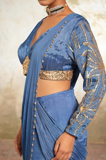 Buy_Libas Cafe by Nidhi & Ashish_Blue Crepe Sequins, Metallic Hand Embroidered Draped Saree And Padded Blouse _Online_at_Aza_Fashions