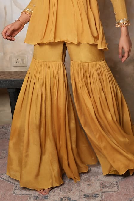 Libas Cafe by Nidhi & Ashish Mustard Crepe Embroidery, Sequins V-neck Hand Kurta And Gharara Set Online at Aza Fashions Libas Cafe by Nidhi & Ashish_Mustard Crepe Embroidery, Sequins V-neck Hand Kurta And Gharara Set _Online_at_Aza_Fashions