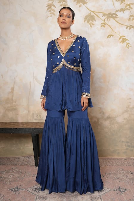 Libas Cafe by Nidhi & Ashish Navy Crepe Embroidery, Sequins V-neck Hand Kurta And Gharara Set 
