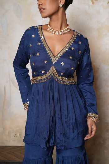 Buy_Libas Cafe by Nidhi & Ashish_Navy Crepe Embroidery, Sequins V-neck Hand Kurta And Gharara Set _Online_at_Aza_Fashions